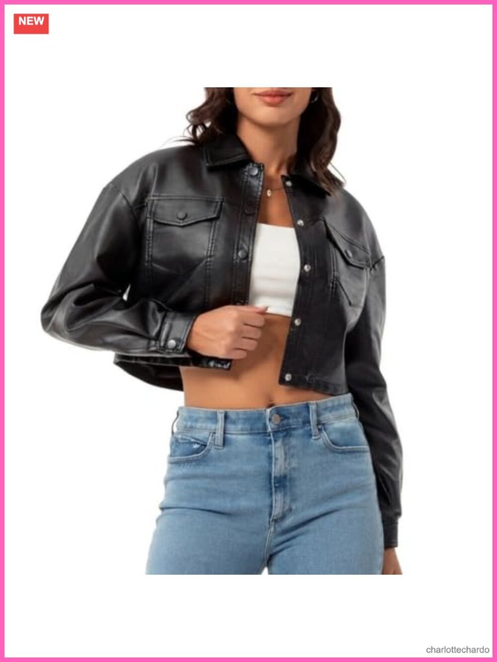 Faux Leather Cropped Moto Biker Jacket Button Down Point Collar